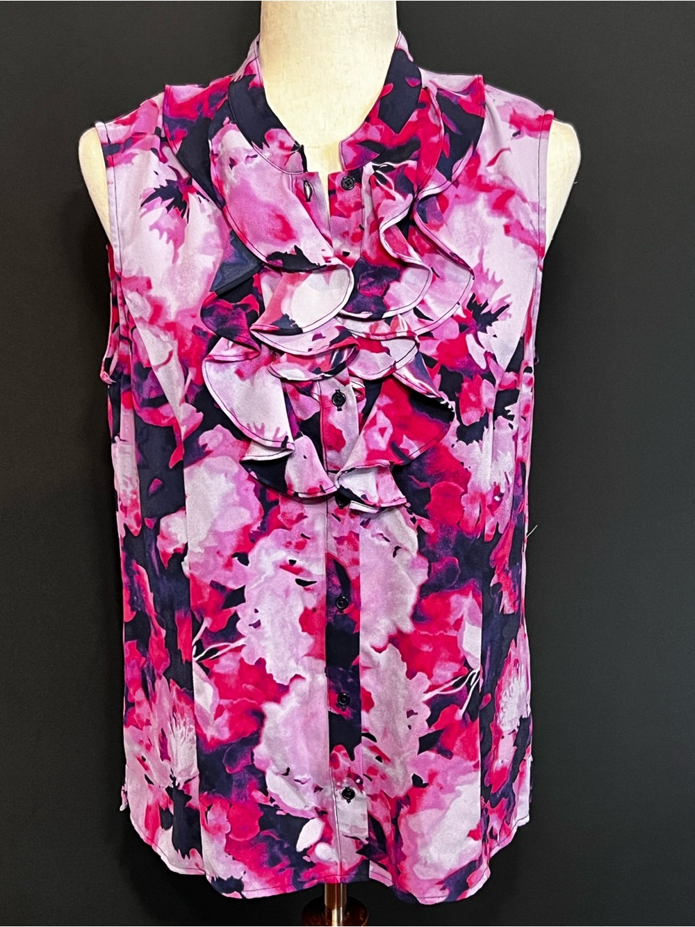 Tahari Pink & Navy Floral Ruffle Sleeveless Blouse